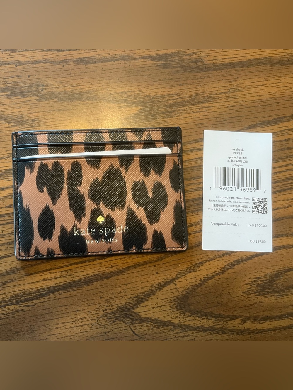 NWT Kate Spade Schuyler Black and Brown Spotted Animal Print Card Case
